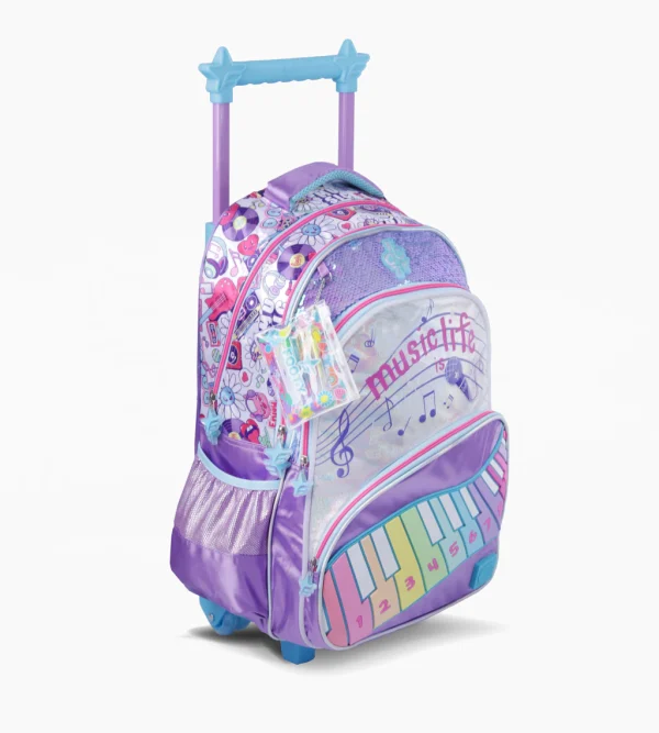 163781 MOCHILA CARRO 18" PULGADAS MUSIC LIFE CON LUZ Y NOTAS MUSICALES LILA FOOTY - Imagen 1