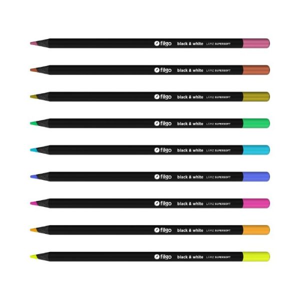 168911-3 LAPIZ COLOR X 18 UNIDADES LARGOS DE MADERA PASTEL+METALIZADO+FLUO BLACK & WHITE FILGO - Imagen 1