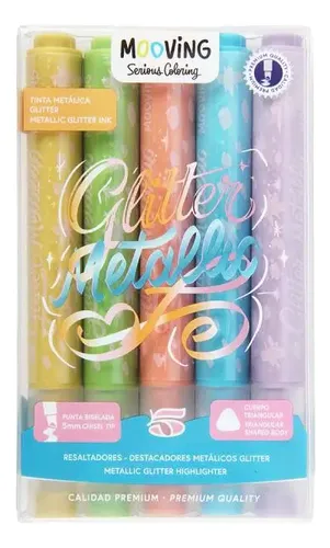 163568 RESALTADOR COLORING METALICO GLITTER X 5 UNIDADES MOOVING - Imagen 1