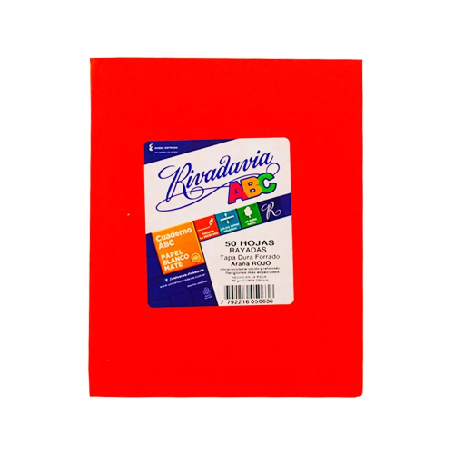 CUADERNO 16X21 TAPA DURA ARAÑA ROJO X 50 HOJAS RAYADAS RIVADAVIA