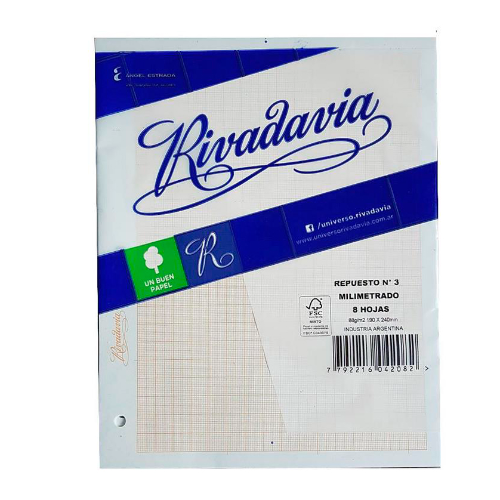 REPUESTO N°3 X 8 HOJAS MILIMETRADO RIVADAVIA