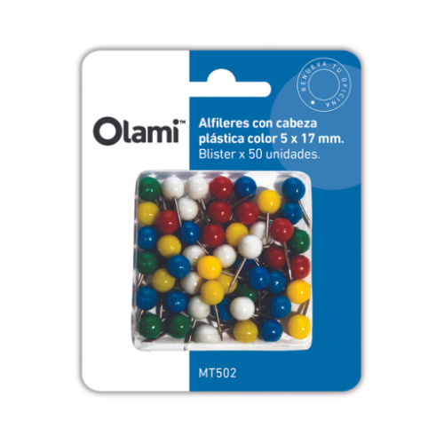 121684 ALFILER CABEZA COLOR X 50 UNIDADES OLAMI - Imagen 1