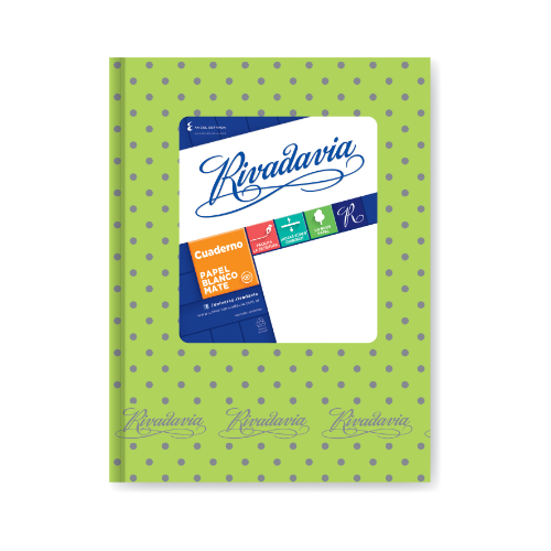 CUADERNO 16X21 TAPA DURA LUNARES GRIS VERDE MANZANA X 50 HOJAS RAYADAS RIVADAVIA