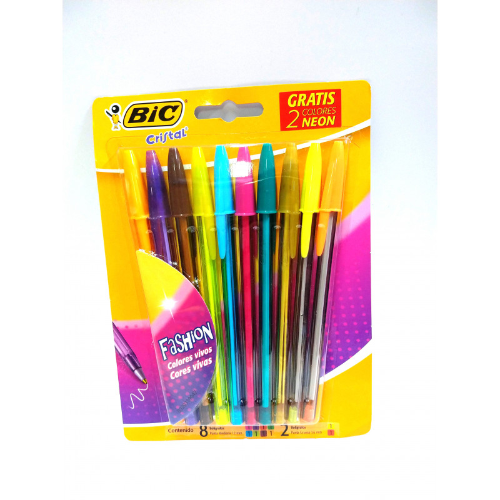 128364 BOLIGRAFO CRISTAL FASHION BLISTER X 10 UNIDADES (8+2NEON) BIC - Imagen 1
