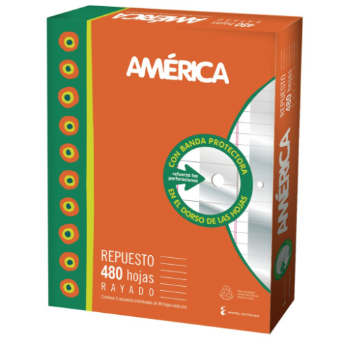 REPUESTO N°3 X 480 HOJAS CON BANDA RAYADO AMERICA