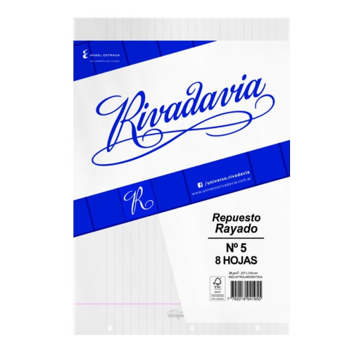 REPUESTO DIBUJO N°5 X 8 HOJAS APAISADO RAYADO RIVADAVIA