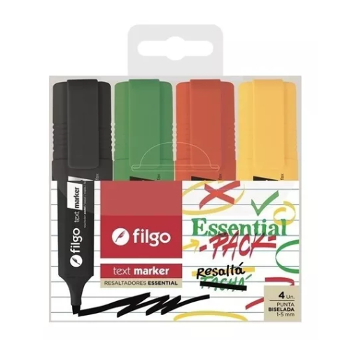 RESALTADOR ESSENCIAL TEXT MARKER X 4 UNIDADES FILGO