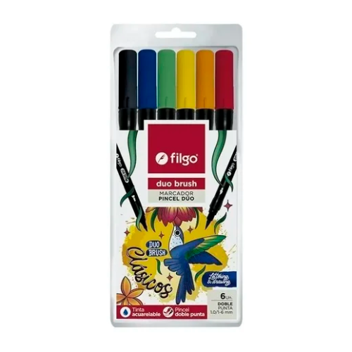 MARCADOR DUO BRUSH DOBLE PUNTA CLASICO X 6 UNIDADES FILGO