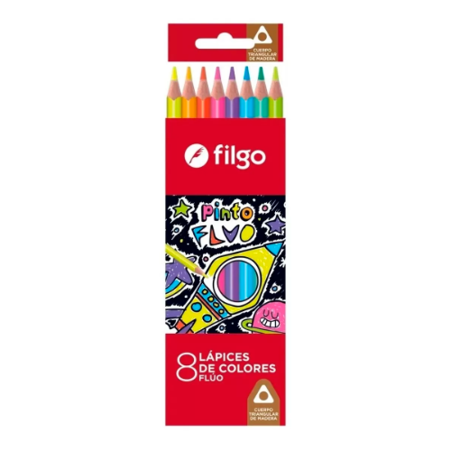 LAPIZ COLOR X 8 UNIDADES LARGOS DE MADERA PINTO FLUO FILGO