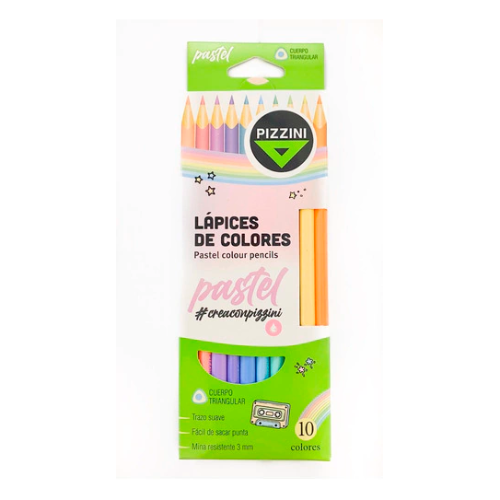 LAPIZ COLOR X 10 UNIDADES LARGOS PASTEL TRIANGULAR PIZZINI