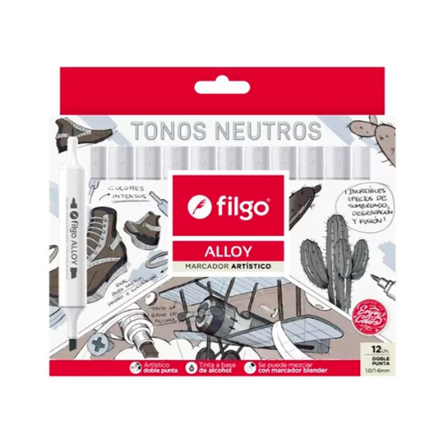 MARCADOR ARTISTICO DOBLE PUNTA ALLOY ESTUCHE X 12 TONOS GRISES FILGO