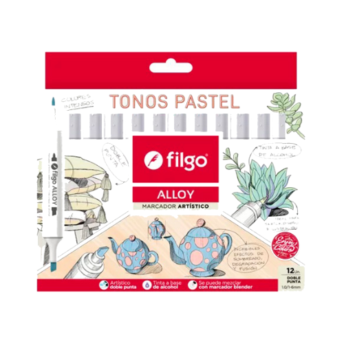 MARCADOR ARTISTICO DOBLE PUNTA ALLOY ESTUCHE X 12 TONOS PASTEL FILGO