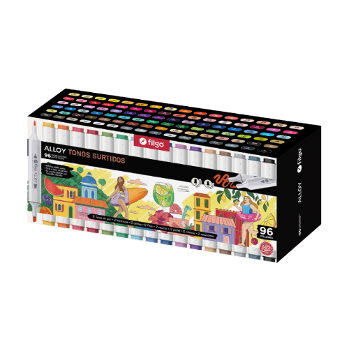 MARCADOR ARTISTICO DOBLE PUNTA ALLOY ESTUCHE IMANTADO X 96 UNIDADES FILGO