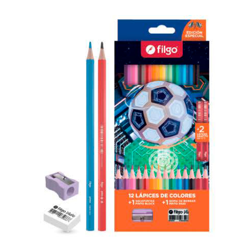 LAPIZ COLOR X 12 UNIDADES LARGOS+2HB+GOMA+SACAP FANTASIA FUTBOL FILGO