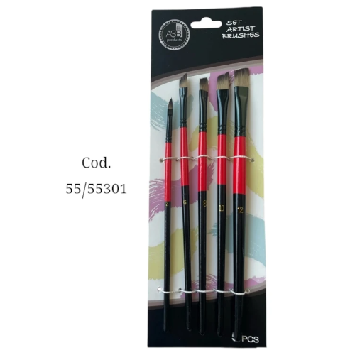 165960 PINCEL BISELADO CHATO ARTISTICO SET X 5 VIROLA NEGRA ASB - Imagen 1